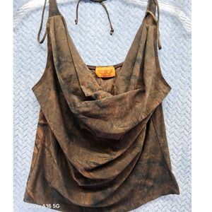 L'patricia Brown Acid Wash Cowl Neck Tie Shoulder Tank Top Large Y2K Glitter